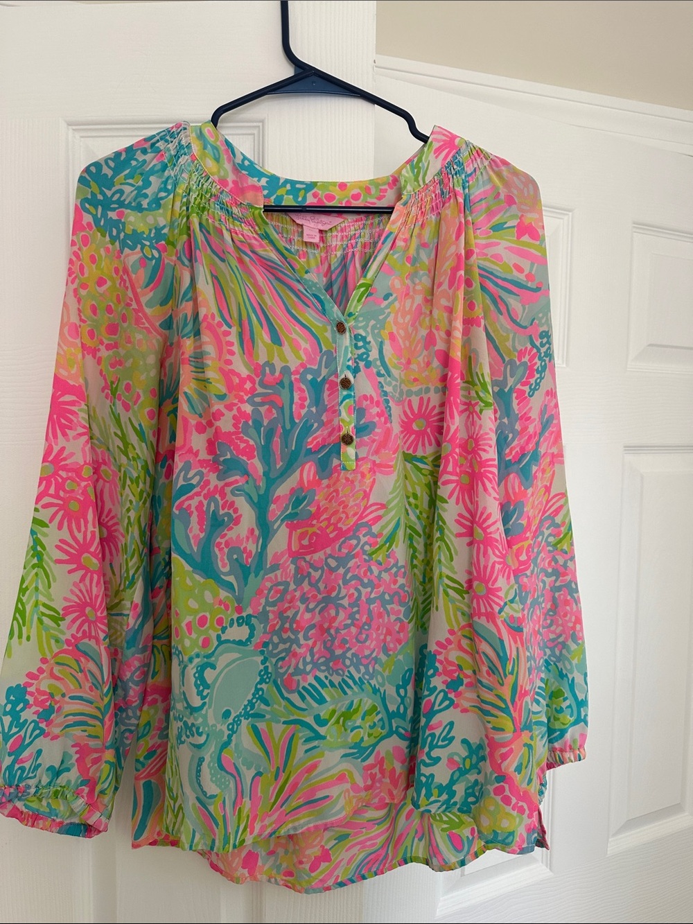 Lilly Pulitzer Pink, Teal & Lime Floral Peasant Blouse